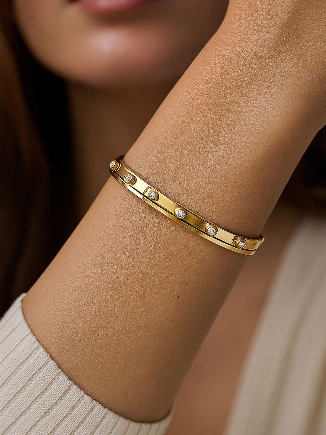 Gold-Plated Studded Bangle Bracelet – Fashion Accessory – Alloy & Artificial Stones – 6.3x5.8cm