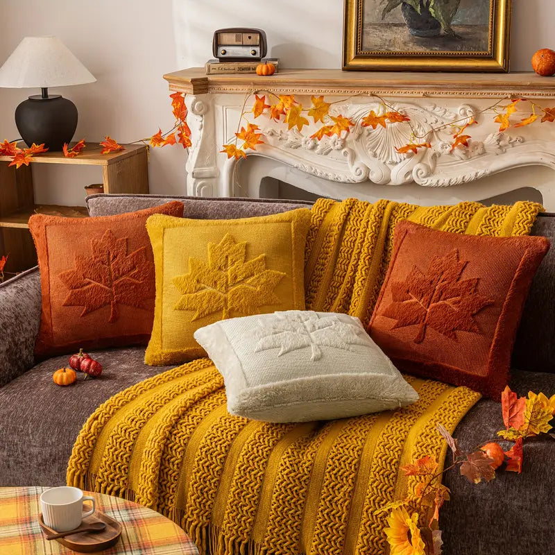 Maple Leaf Pillow Covers - Fall Decor - Soft Plush - Ginger Yellow