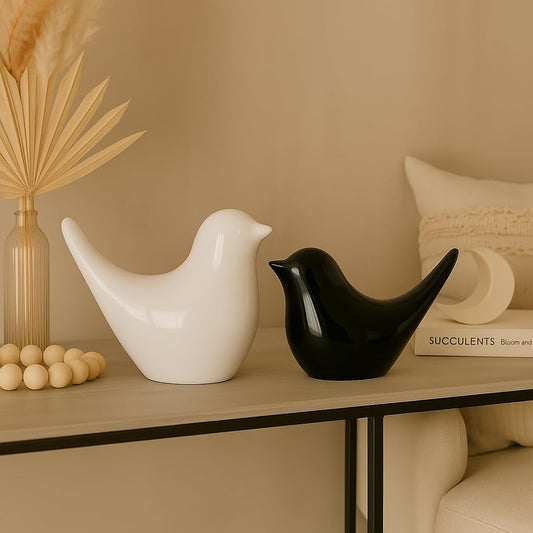Decorative Ceramic Bird Figurines – Glossy White & Black Finish – Pack of 2