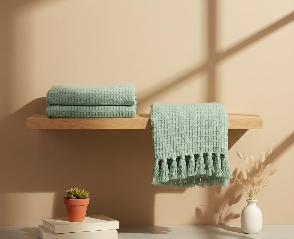 Waffle Knit Throw Blanket – Cotton Tasseled – All-Season Home Textile – 127x152 cm
