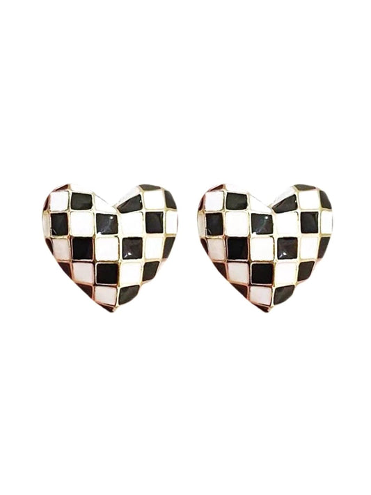 Heart Stud Earrings – Fashion Jewellery – Black & White Contrast Design – Pair