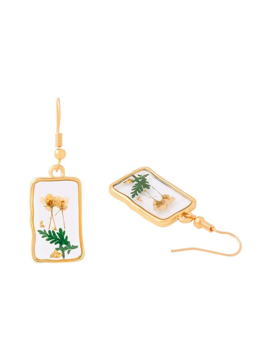 Yellow Flower Pressed Drop Earrings – Fashion Jewelry – Resin & Gold Finish – Single Pair