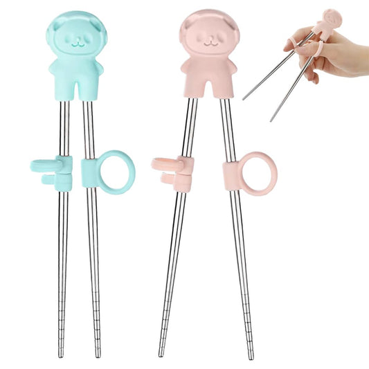 Training Chopsticks – Kids Dining Utensils – Food Grade Stainless Steel Hinged – 2 Pairs