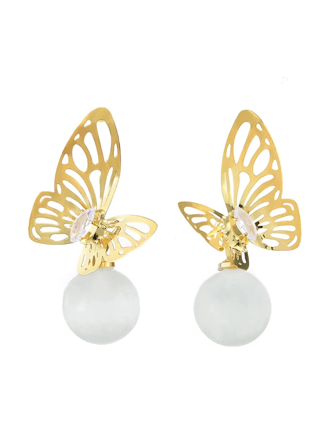 Gold Tone Butterfly Stud Drop Earrings – Fashion Jewellery – White Pearl Accent