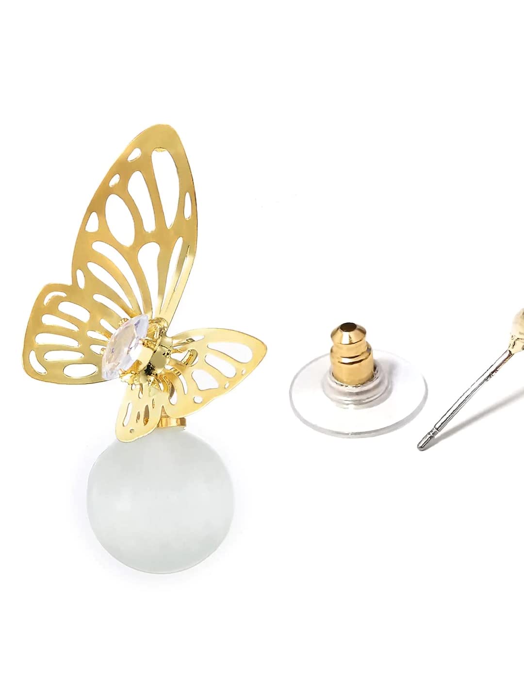 Gold Tone Butterfly Stud Drop Earrings – Fashion Jewellery – White Pearl Accent