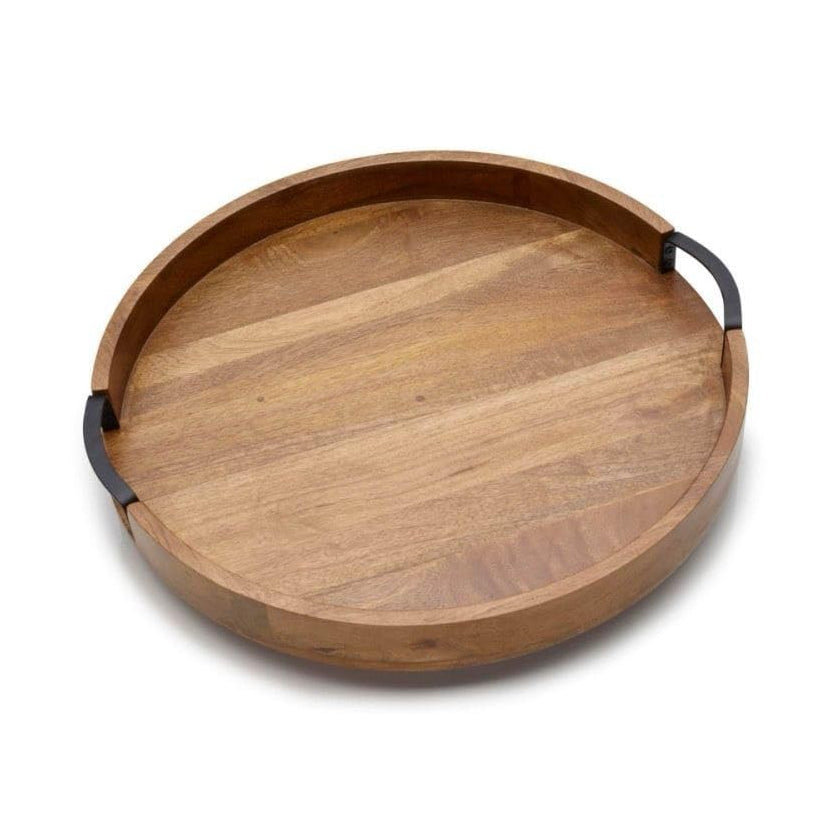 Rustic Round Wooden Serving Tray – Brown Wood Platter – Iron Handle – Medium 11" x 11" x 1.5"