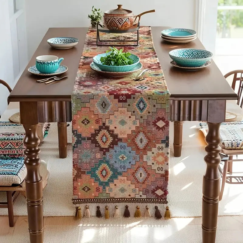 Boho Geometric Table Runner - Vibrant Linen Polyester Rectangle