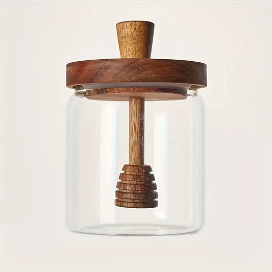 1PC Glass Honey Jar with Wooden Lid & Dipper – Sealed Borosilicate Storage