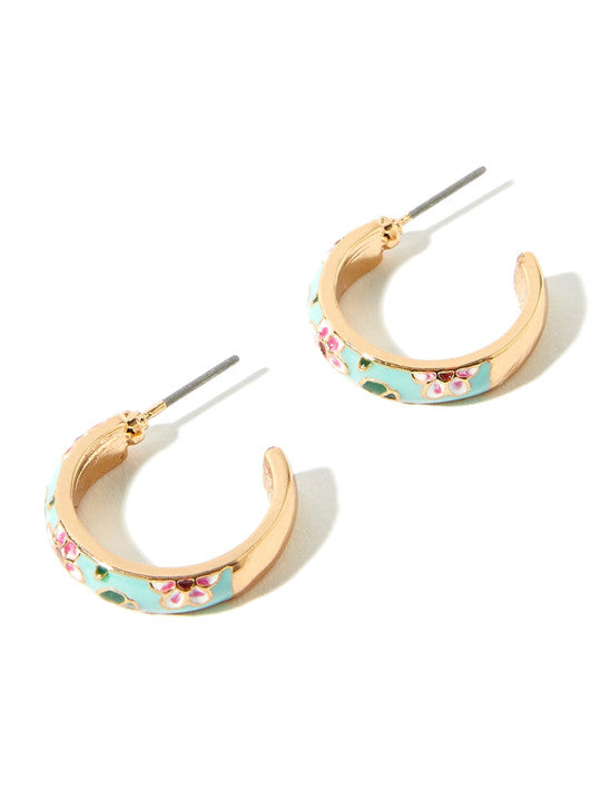 Floral Enamel – Hoop Earrings – Recycled Gold-Tone Metal – Nickel Compliant – Pair
