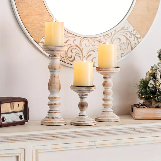Rustic Wooden Candle Holders - Farmhouse Pillar Candle Stand Set
