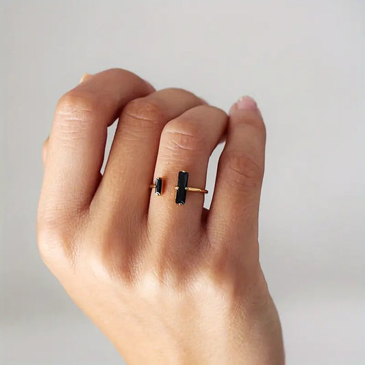 Obsidian Bar Ring - 18K Gold Plated Reiki Jewelry