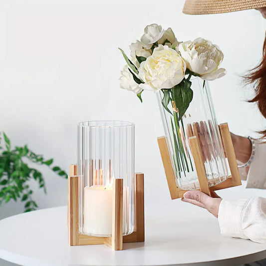 8" Ribbed Glass Vase - Wood Base, Centerpiece Candle Holder