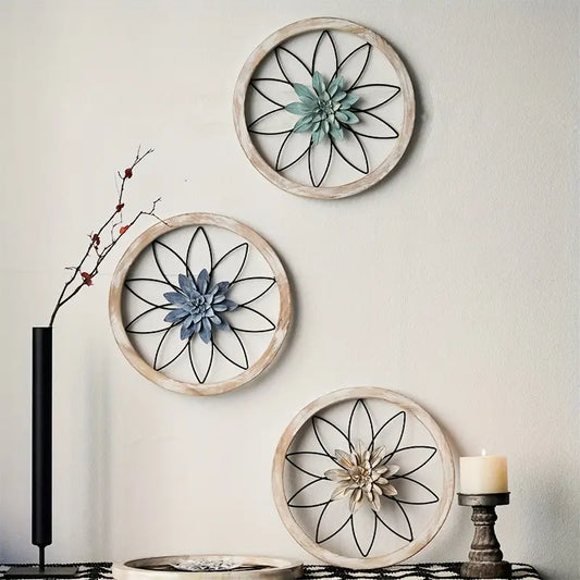 Farmhouse Wall Decor Set - Vintage Wood Frames & Iron Flowers