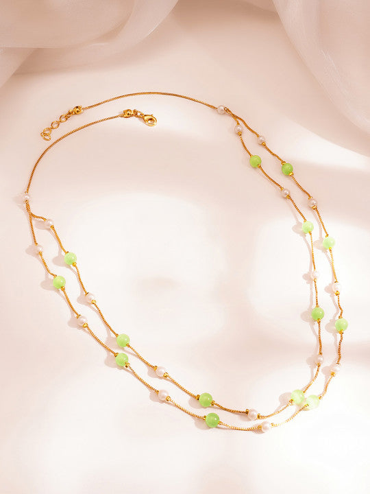 Multi-Strand Necklace – Embellished Chain – Gold-Plated Brass, Green – Individual Retail Unit