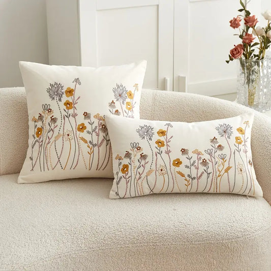 Embroidered Floral Pillow Cover - Woven Polyester Home Decor