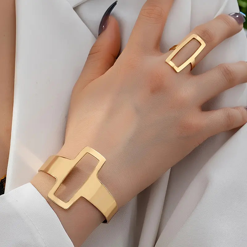 Bohemian holle geometrische manchet armband en ringset - Mode sieraden voor vrouwen