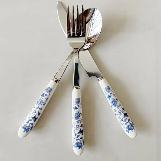 Floral Ceramic Handle Knife Set - Stainless Steel Kitchen Cutlery