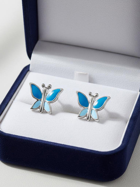 Blue Contemporary Stud Earrings – 925 Sterling Silver – Rhodium Plated Finish – Pair