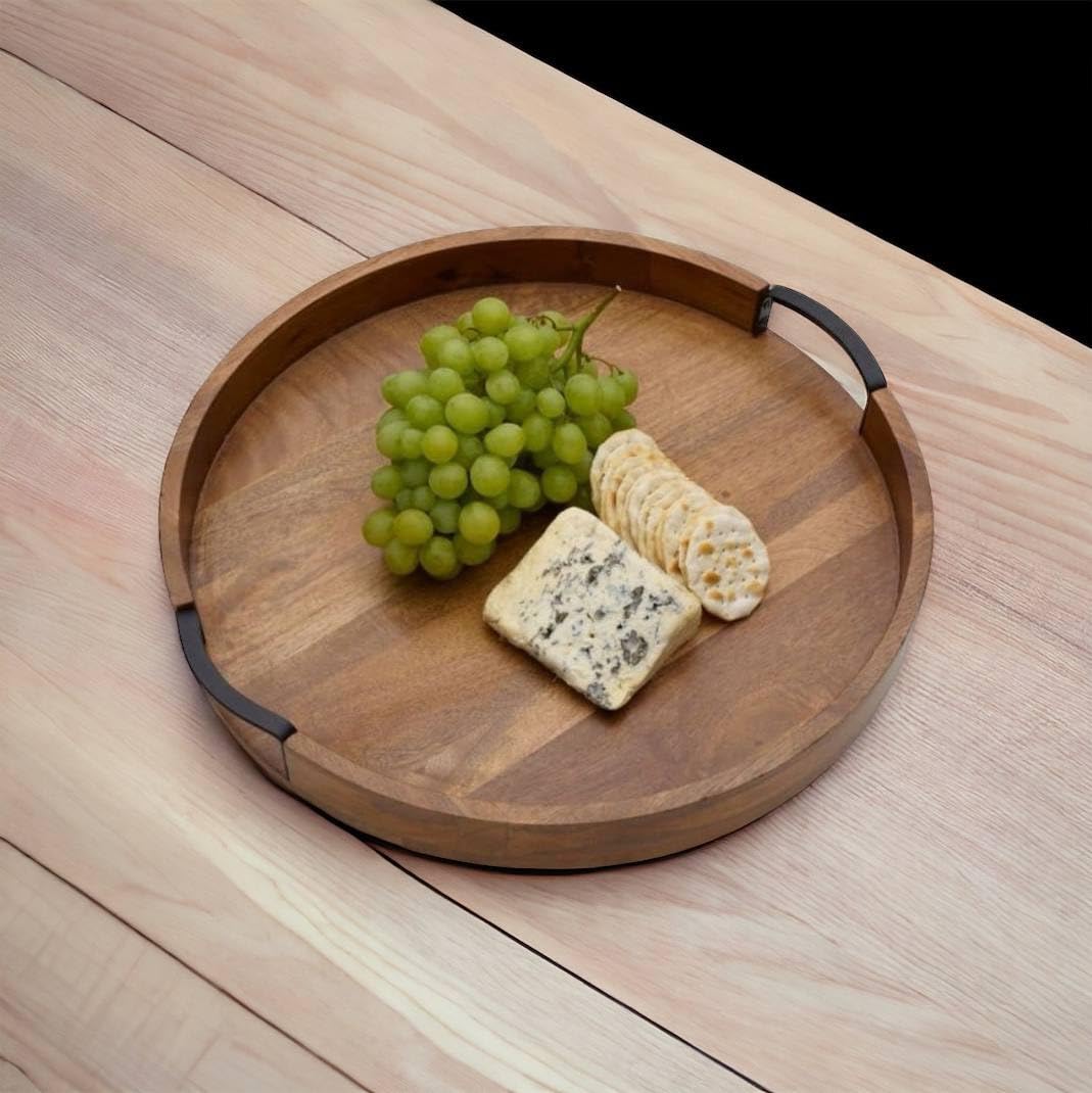 Rustic Round Wooden Serving Tray – Brown Wood Platter – Iron Handle – Medium 11" x 11" x 1.5"