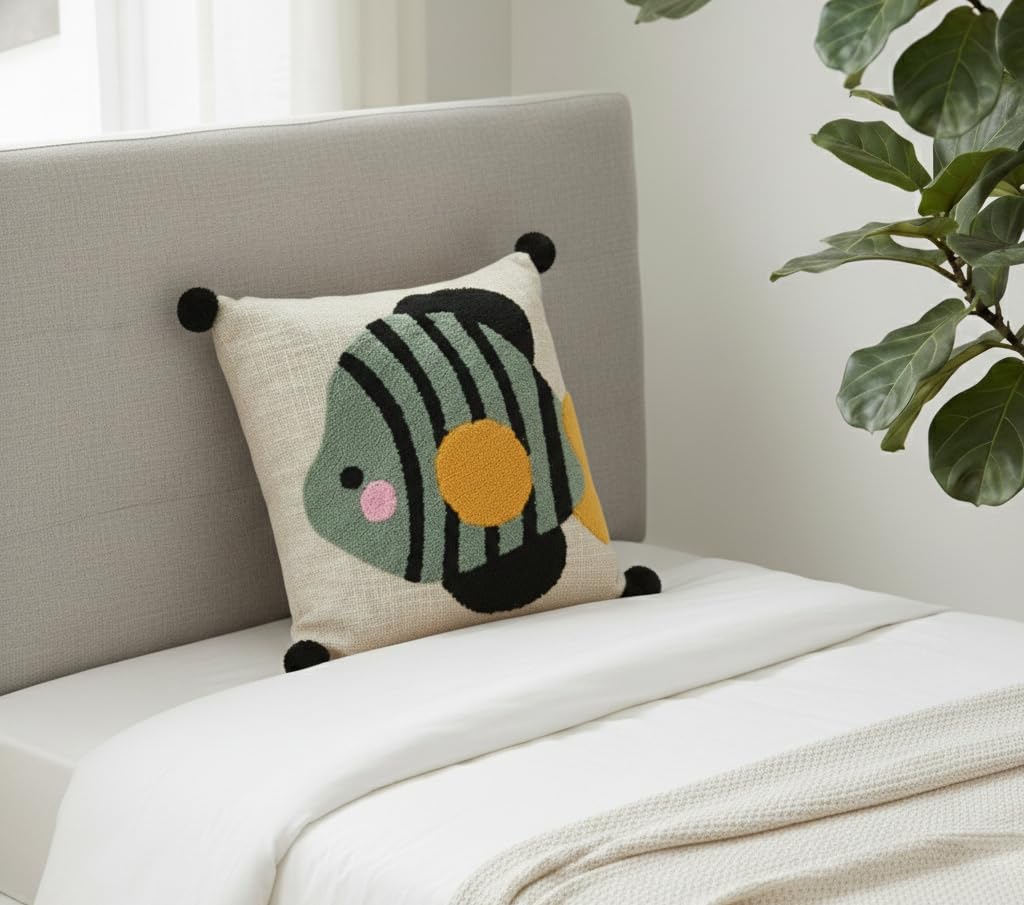 Embroidered Tufted Kids Cushion Cover – Punch Needle Cotton Throw Pillow – Fish Design – 40x40 cm / 16x16 in