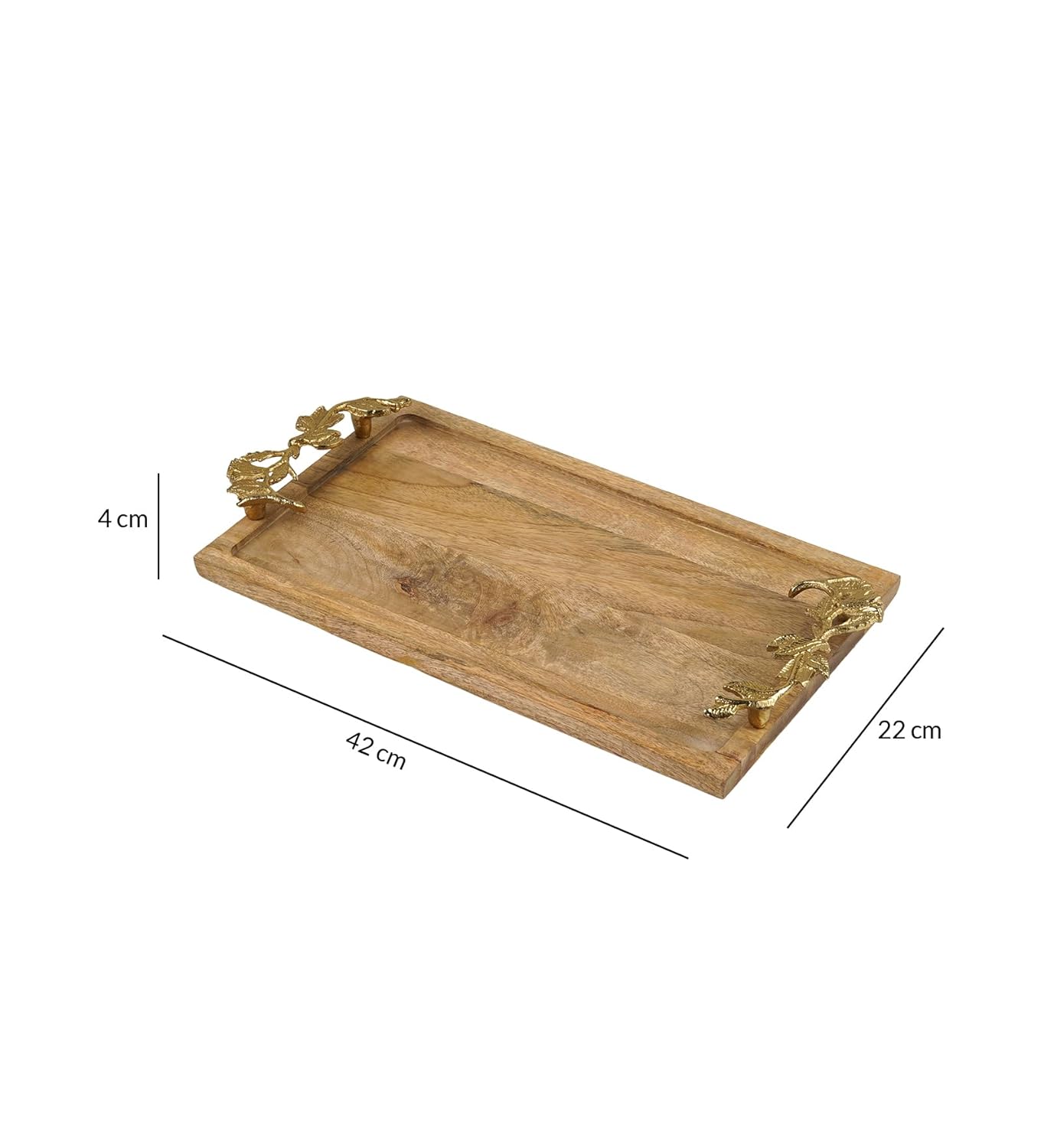Mango Wood Serving Tray – Rectangular Display Tray – Gold Leaf Handles – 22x42x4cm