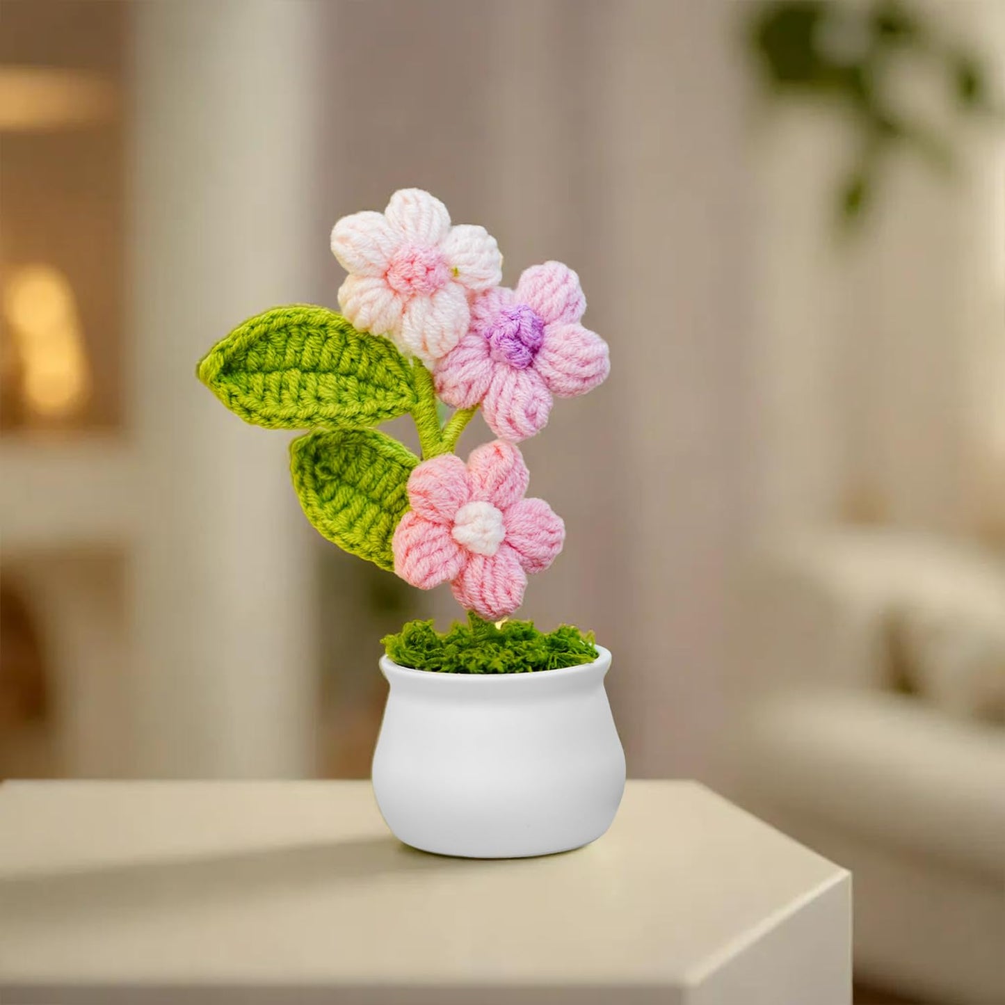 Knitted Floral Display Pot – Handcrafted Interior Accent – Durable Yarn – Maintenance-Free Decor