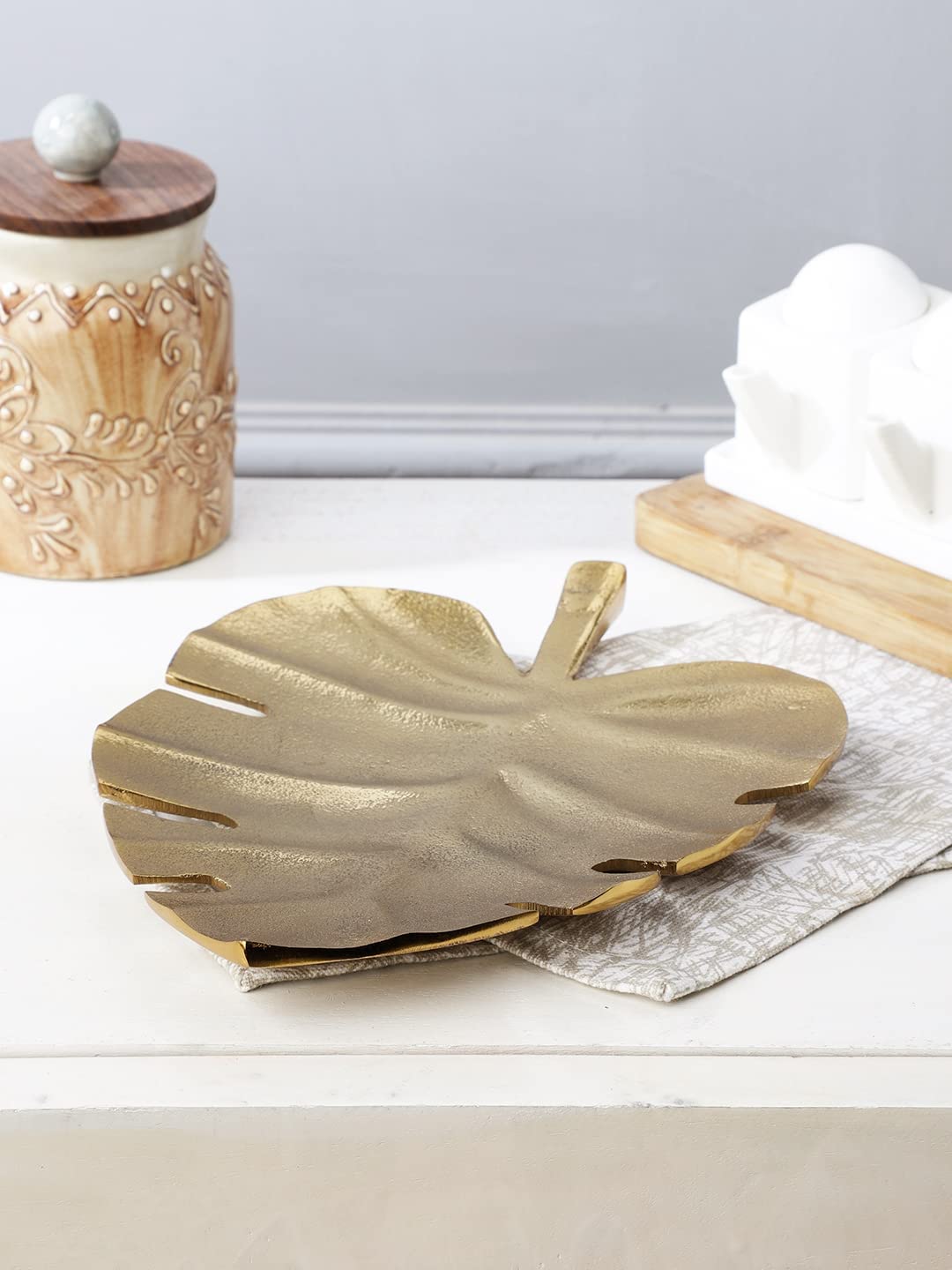 Gold Leaf Decorative Serving Tray – Modern Tabletop Platter – Metal Gold Finish – 10.5 Inch