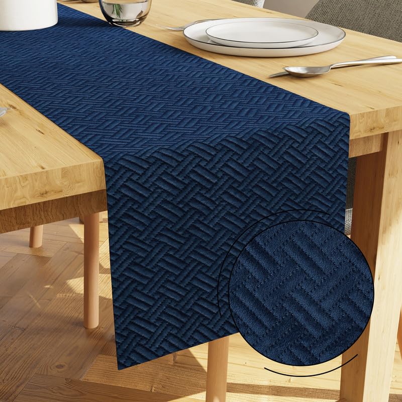 Dining Table Runner – Navy Quilted Velvet, 360 GSM – 32x150 cm, Machine Washable