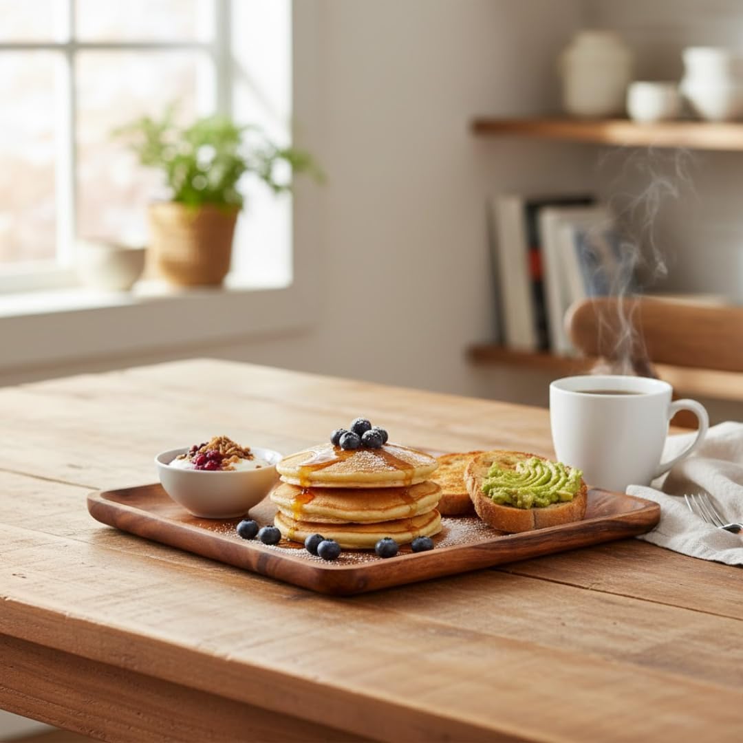 Acacia Solid Wood Kitchen Serving Tray – Handcrafted Serving Platter – 11x11 Inch Square