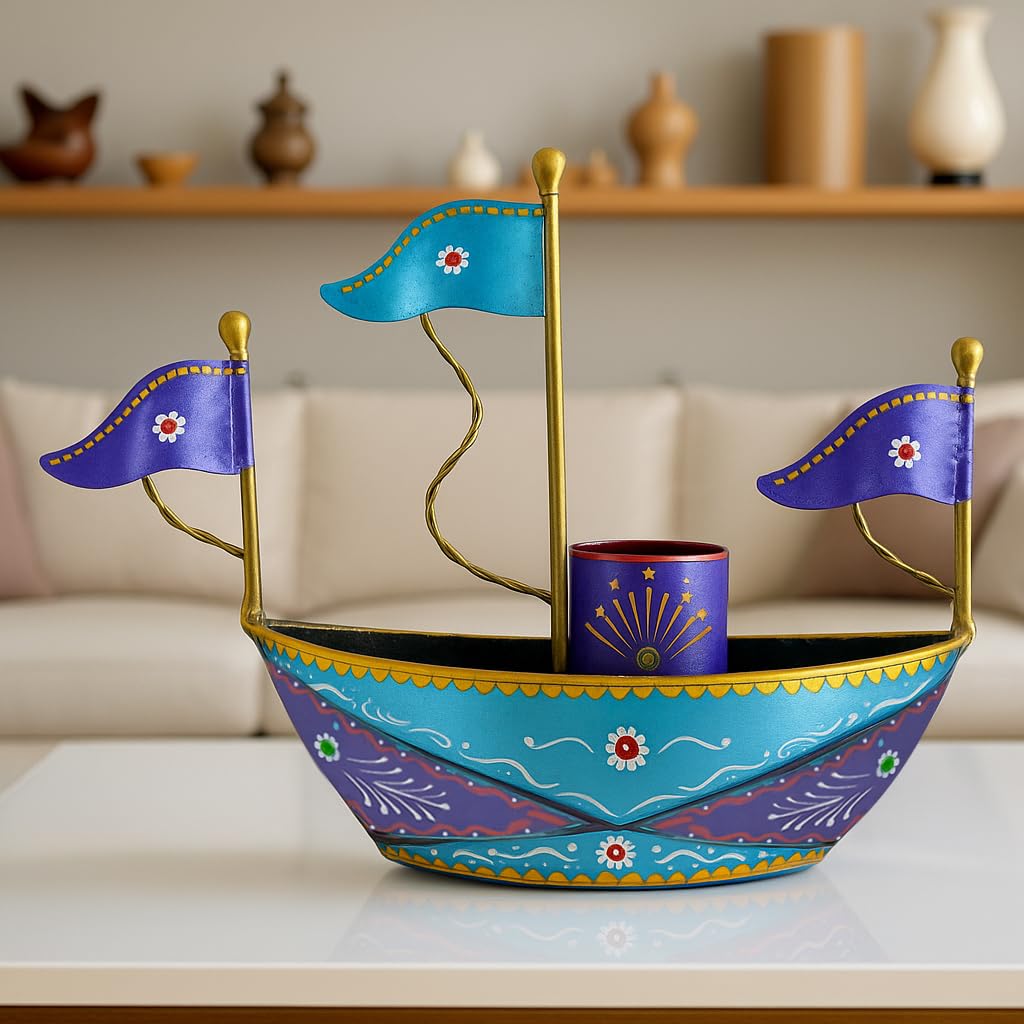 Iron Ship Boat Showpiece – Handpainted Metal – 26cm L Tabletop Decor