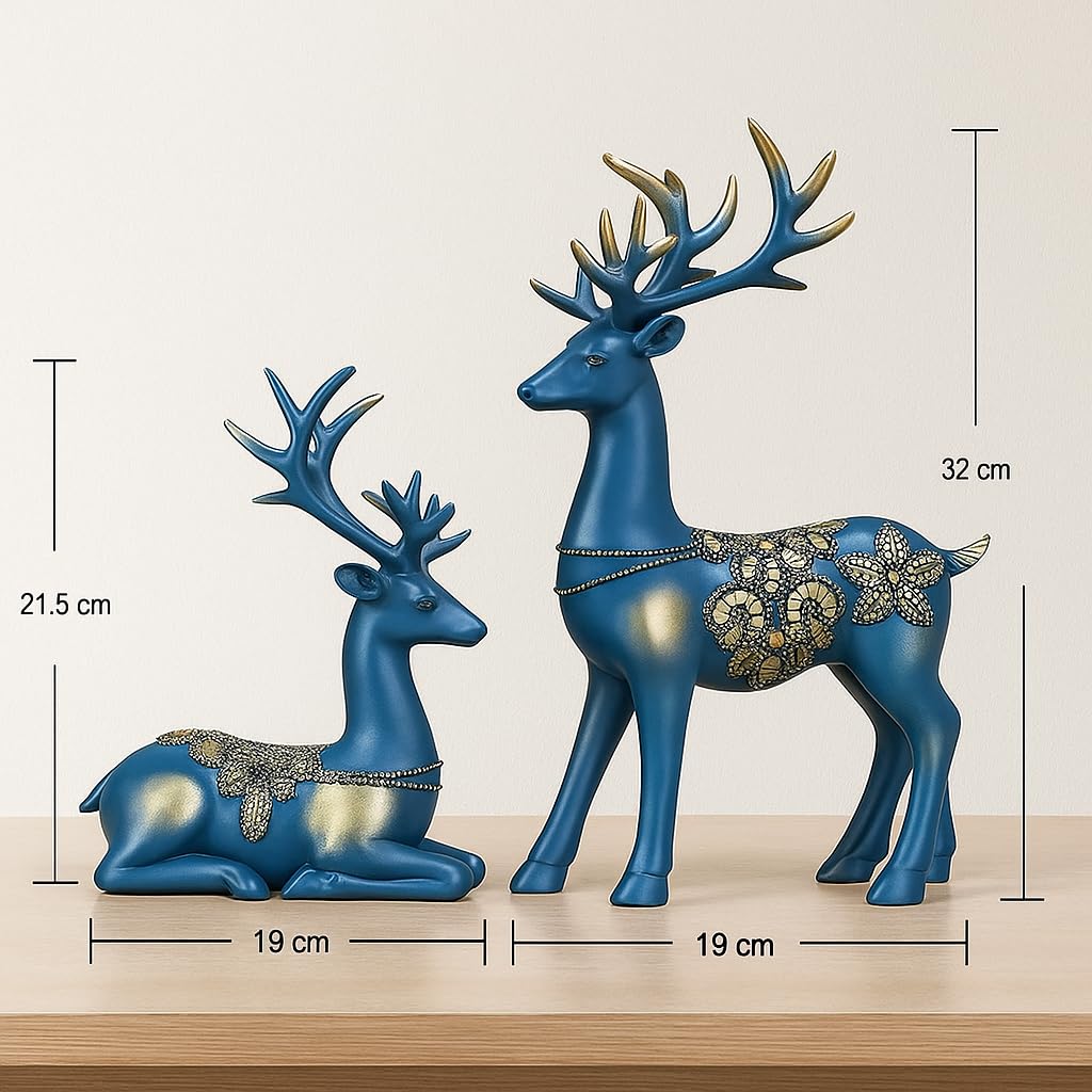 Resin Reindeer Statues – Handcrafted Home Decor Figurines – Pack of 2 Blue