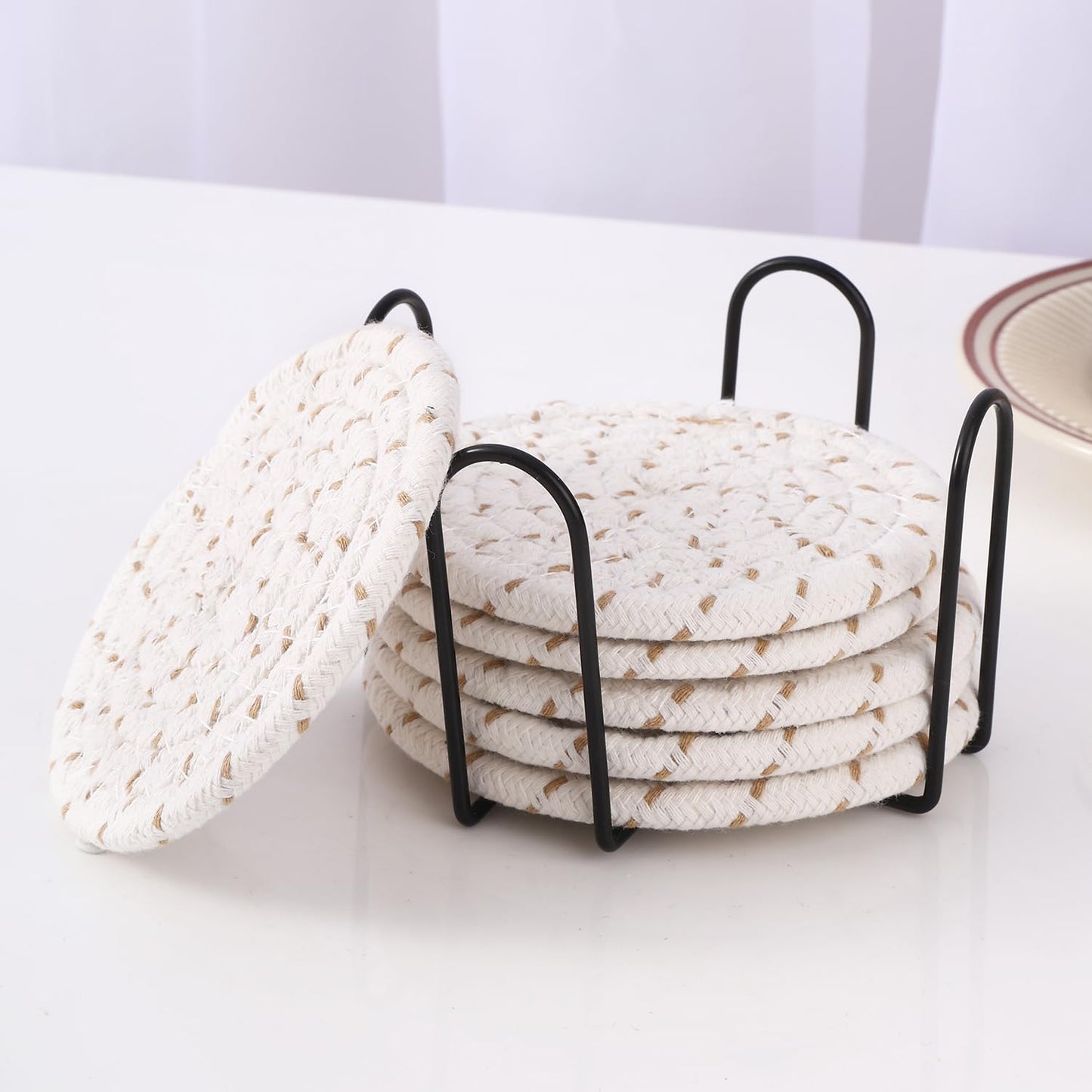 Minimalist Woven Cotton Absorbent Coasters with Holder, Set of 6 (4inch) | Tabletop Drink Coasters, Housewarming Gift