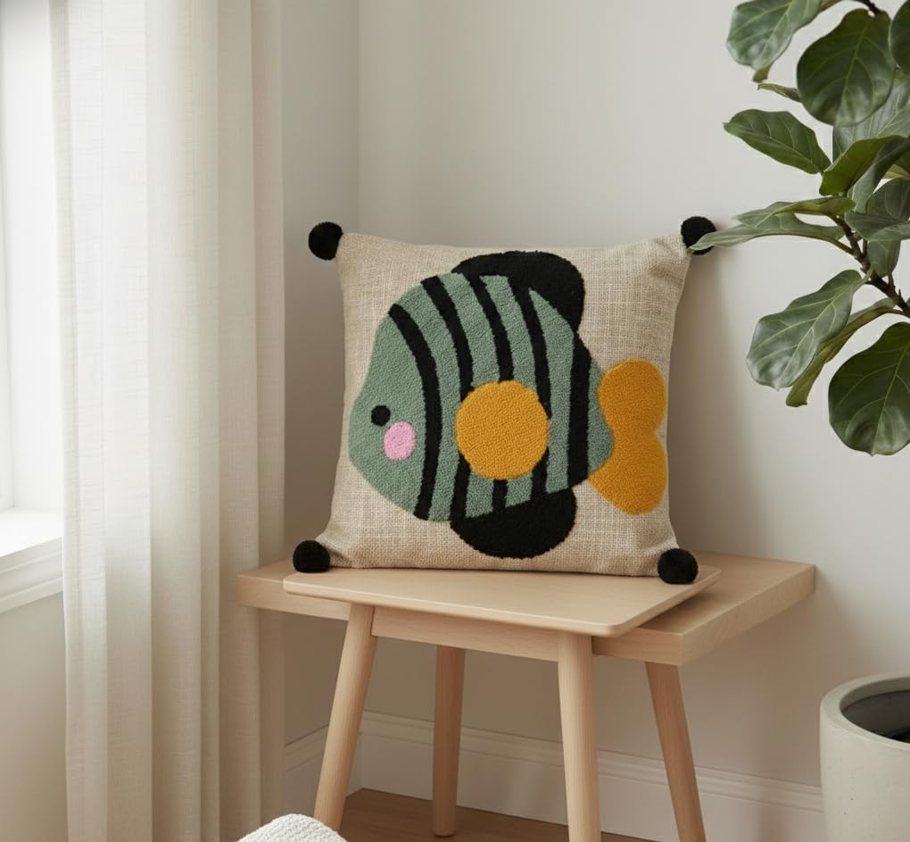 Embroidered Tufted Kids Cushion Cover – Punch Needle Cotton Throw Pillow – Fish Design – 40x40 cm / 16x16 in
