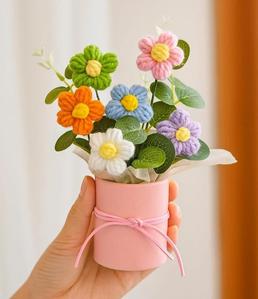 Artificial Floral Bouquet – Handcrafted Knitted Decor – Cotton Yarn – Single Unit