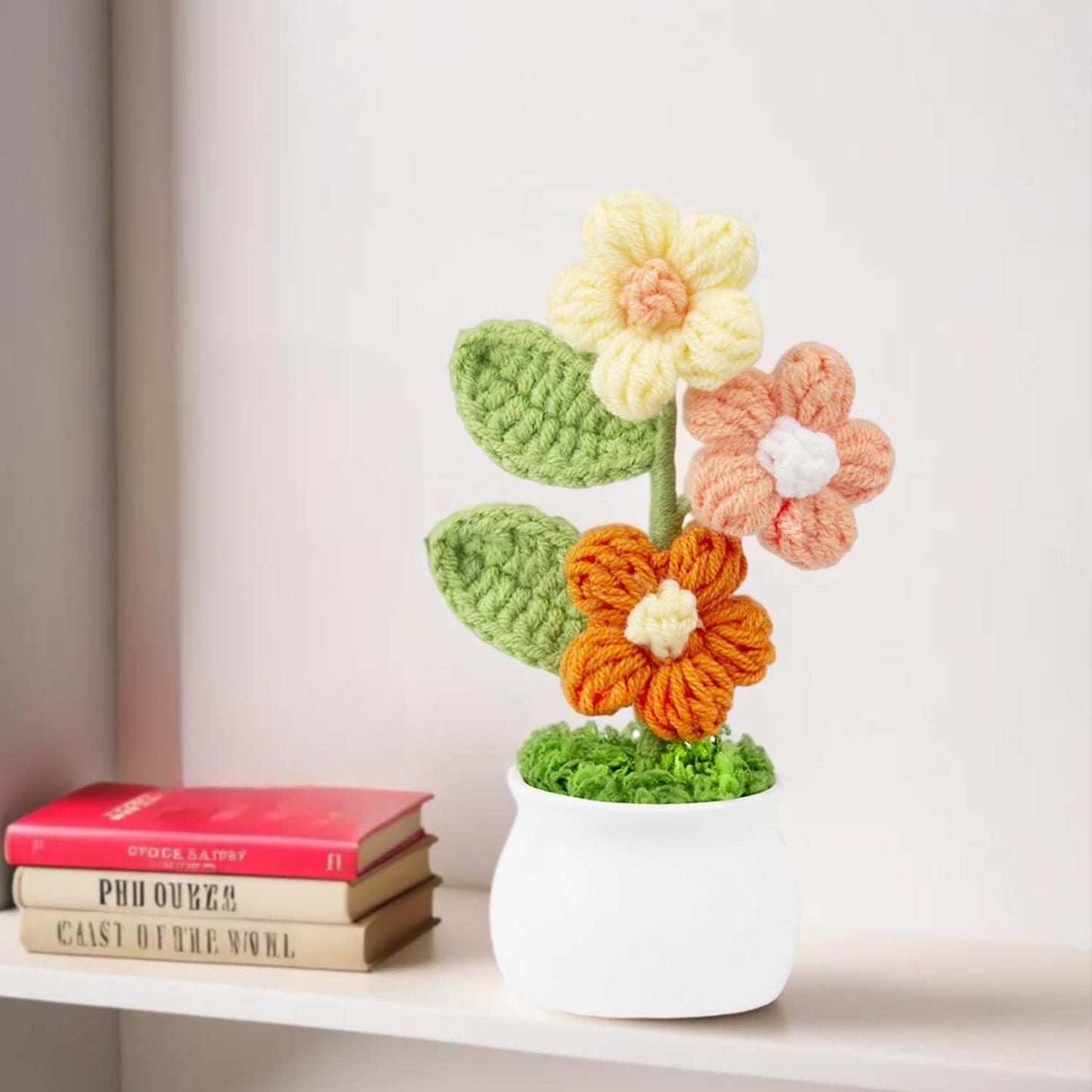 Crochet Floral Pot Display – Knitted Tabletop Decor – Handmade Yarn Craft – Compact Unit