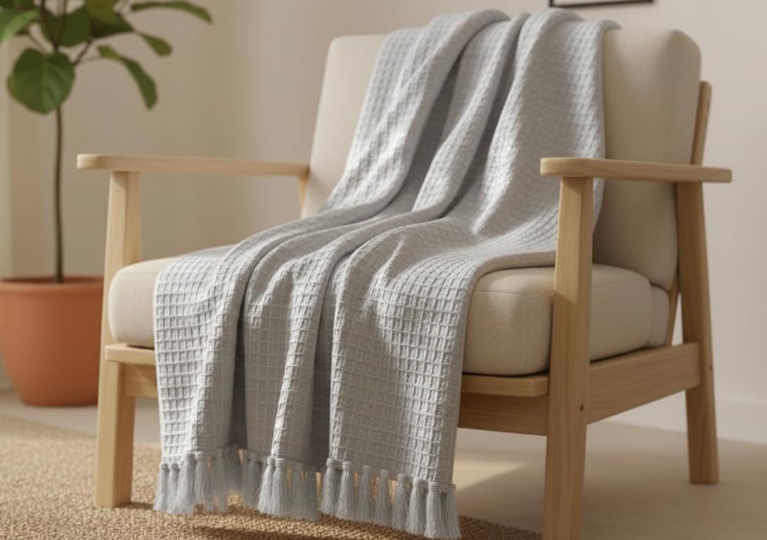 Waffle Knit Throw Blanket – Home Decor Textile – Cotton Tassel Design – 127x152 cm