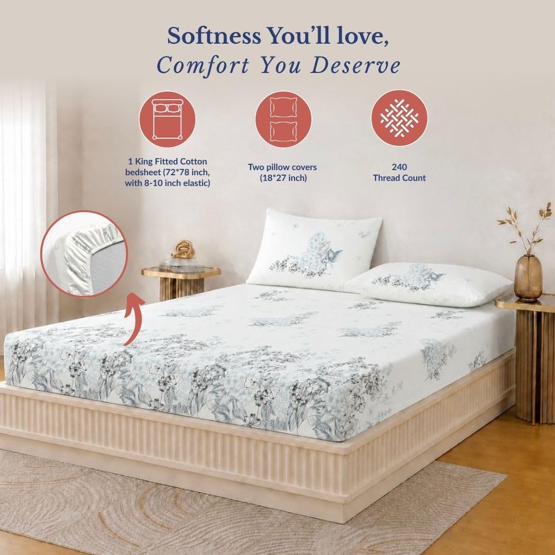 Bedsheet | 240TC Cotton Elastic Fitted | King Size, 2 Pillow Shams