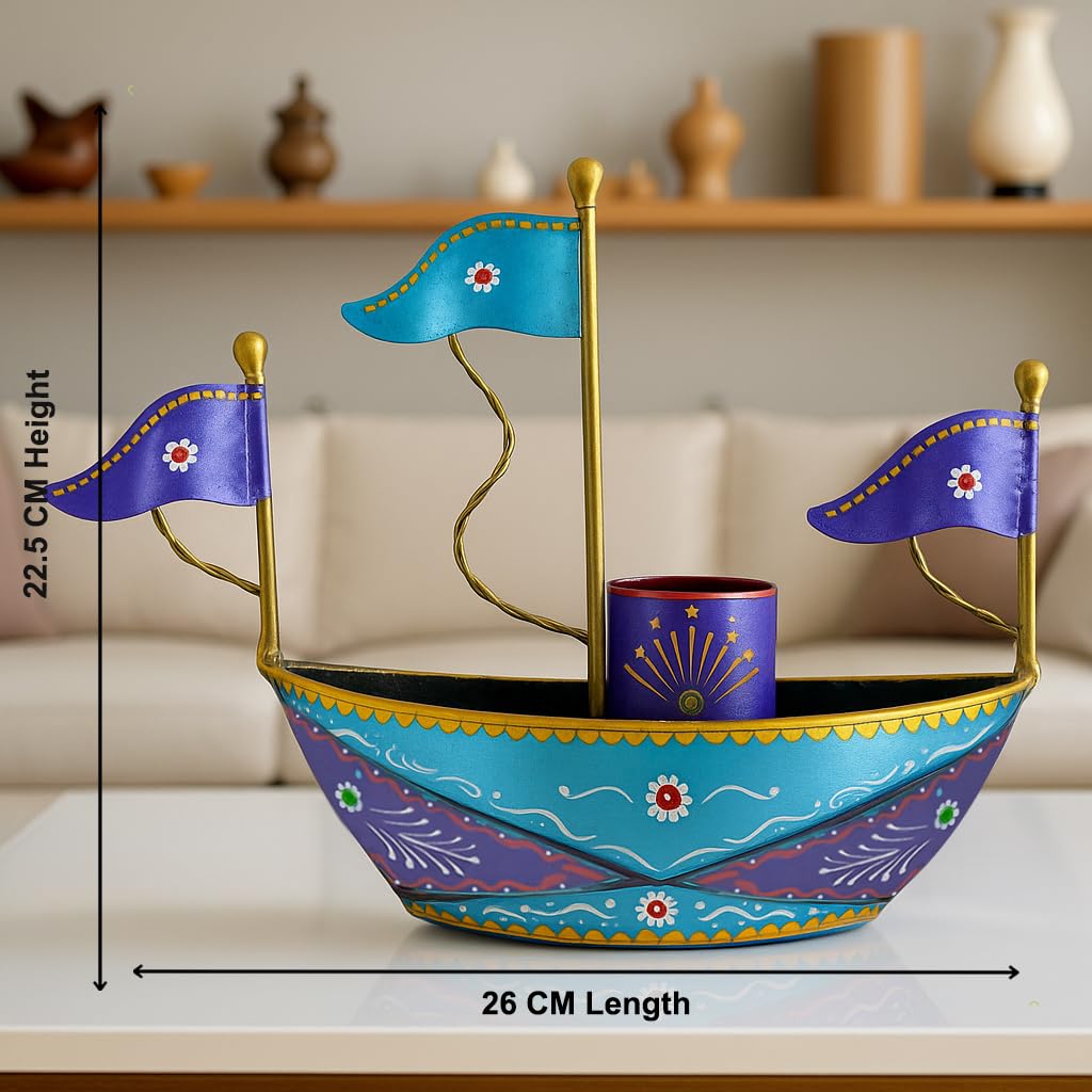 Iron Ship Boat Showpiece – Handpainted Metal – 26cm L Tabletop Decor