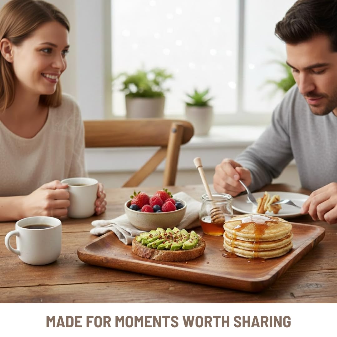 Acacia Solid Wood Kitchen Serving Tray – Handcrafted Serving Platter – 11x11 Inch Square