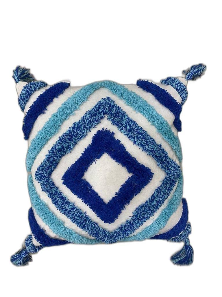 Decorative Cushion Cover – Tufted Geometric, Pom Pom Trim – 16x16 Inch, Single Unit