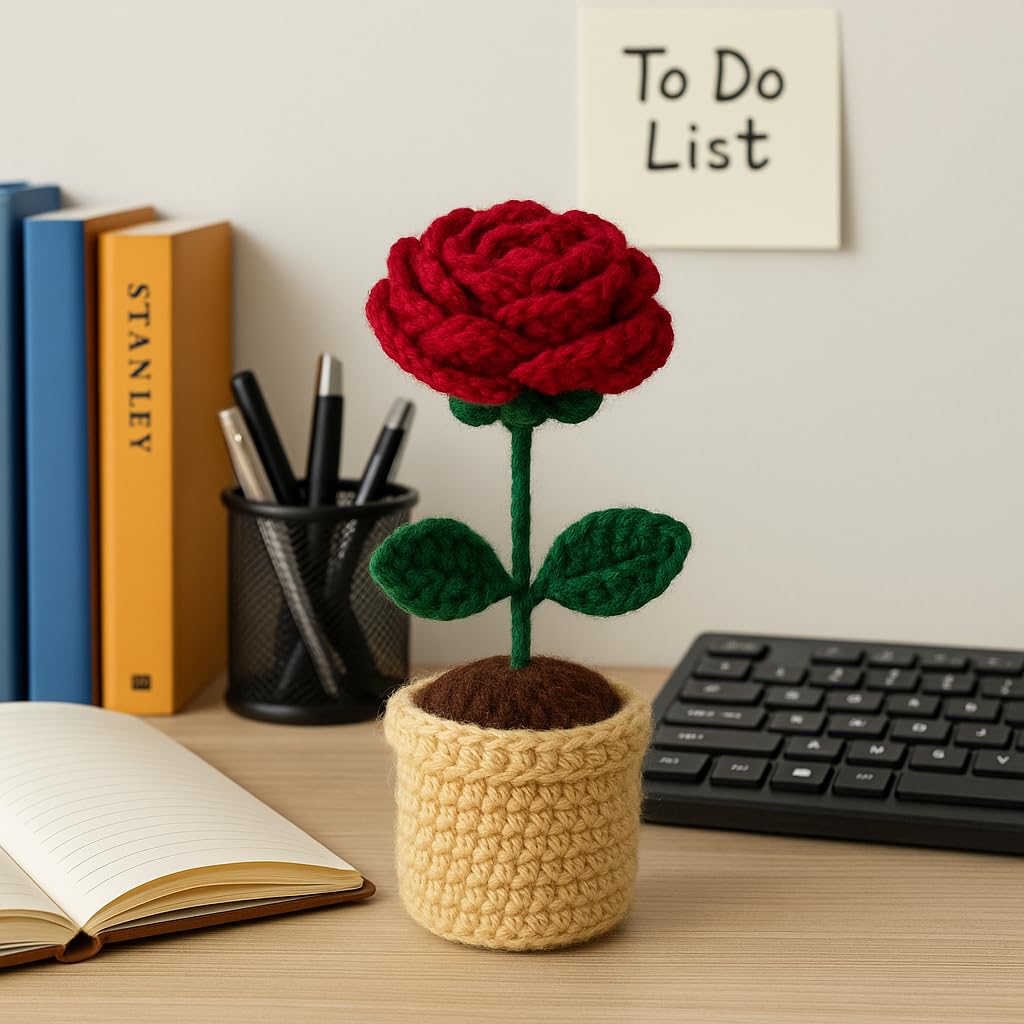 Handcrafted Crocheted Rose – Desk Plant – Durable Wool Yarn – Compact, Zero-Maintenance