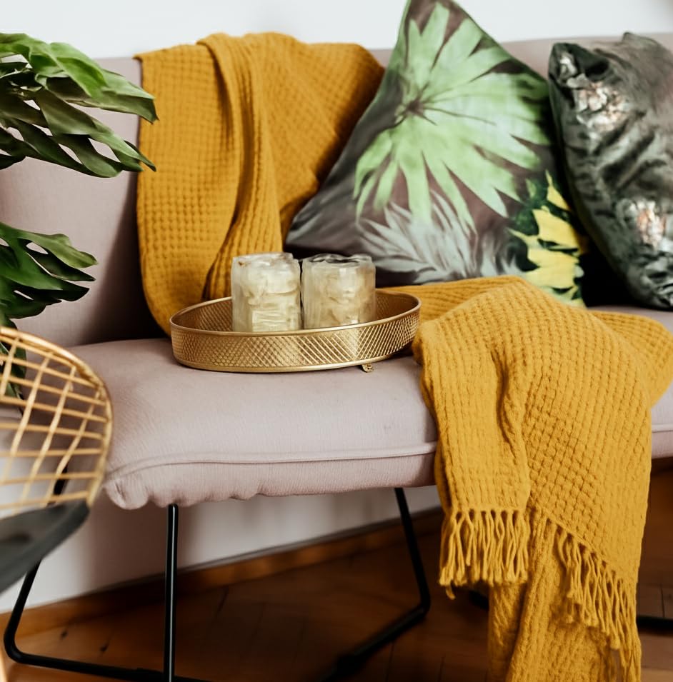 Waffle Knit Throw Blanket – Cotton All-Season – Tassel Accent – 127x152 cm