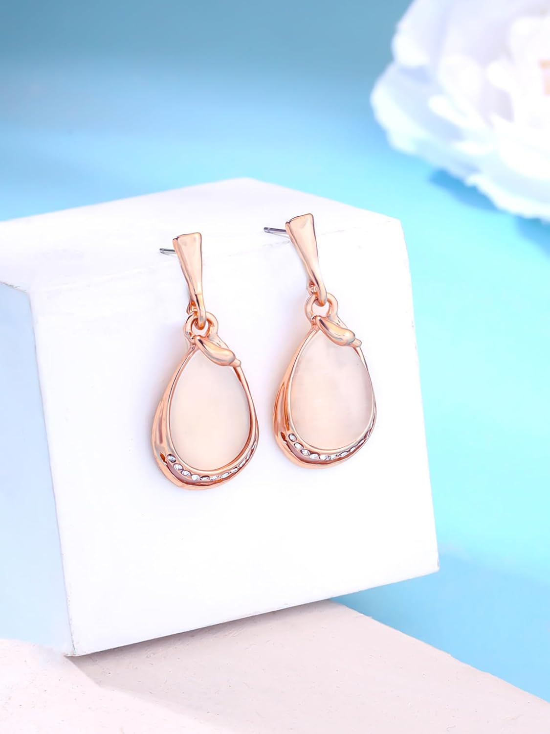 Multicolor Crystal & Opal Drop Earrings – Fashion Earrings – Rose Gold Plated – Oval Shaped