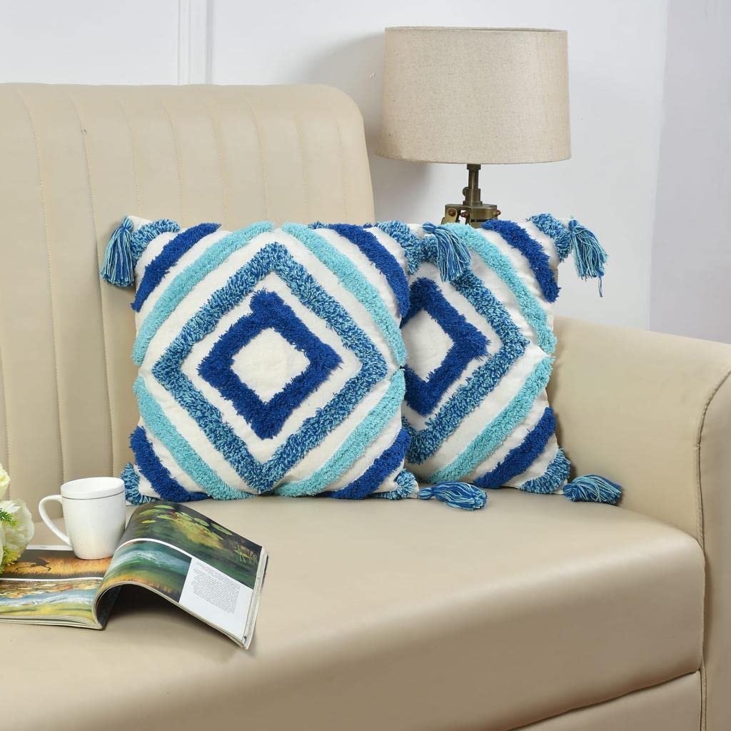 Decorative Cushion Cover – Tufted Geometric, Pom Pom Trim – 16x16 Inch, Single Unit