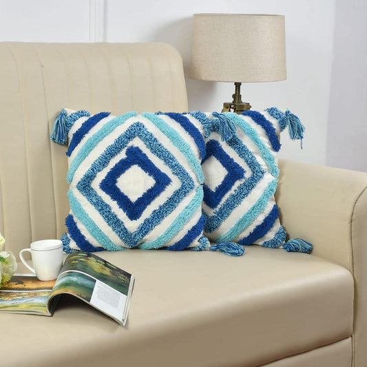 Decorative Cushion Cover – Tufted Geometric, Pom Pom Trim – 16x16 Inch, Single Unit