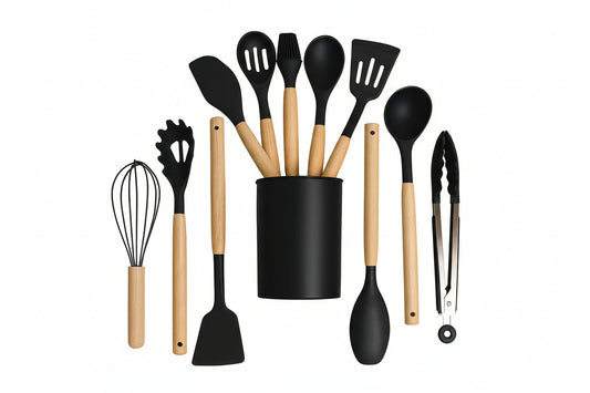 Silicone Kitchen Utensil Set – Cooking & Baking Tools – Heat Resistant Silicone, Wooden Handle, Non-Stick Safe – 12-Piece