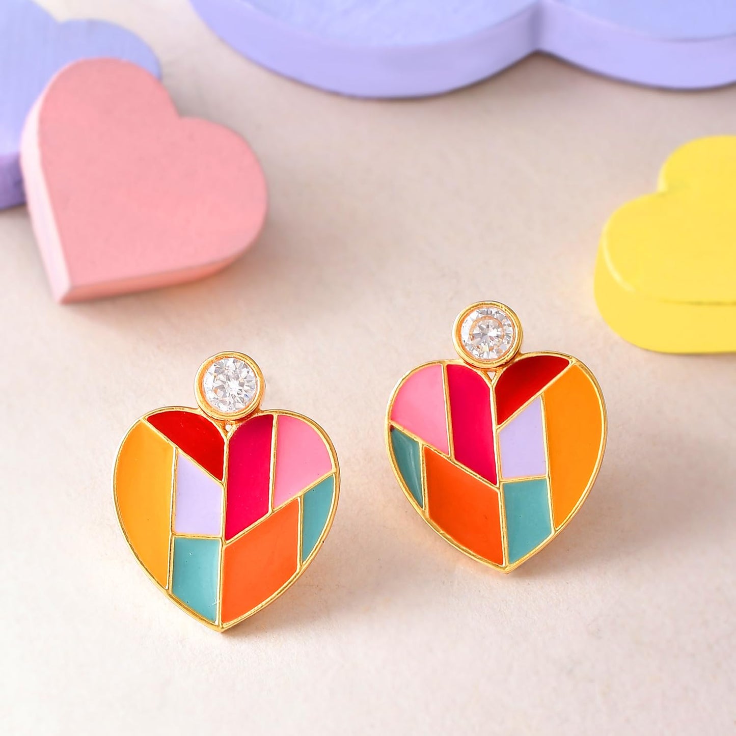 Mosaic Heart Drop Earrings – Handcrafted Brass Jewellery – Skin-Safe Finish – Retail Pair