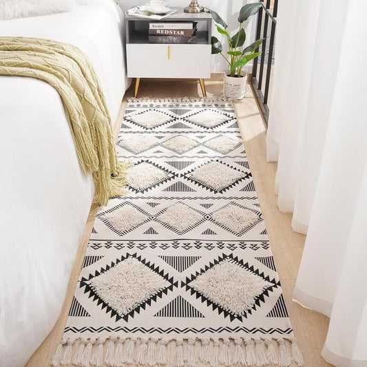 Cotton Runner – Hand Woven Washable – 2x5 ft Printed Diamond Pattern