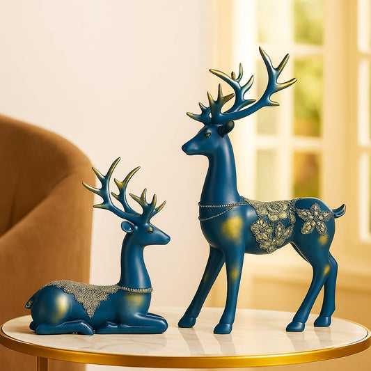 Resin Reindeer Statues – Handcrafted Home Decor Figurines – Pack of 2 Blue