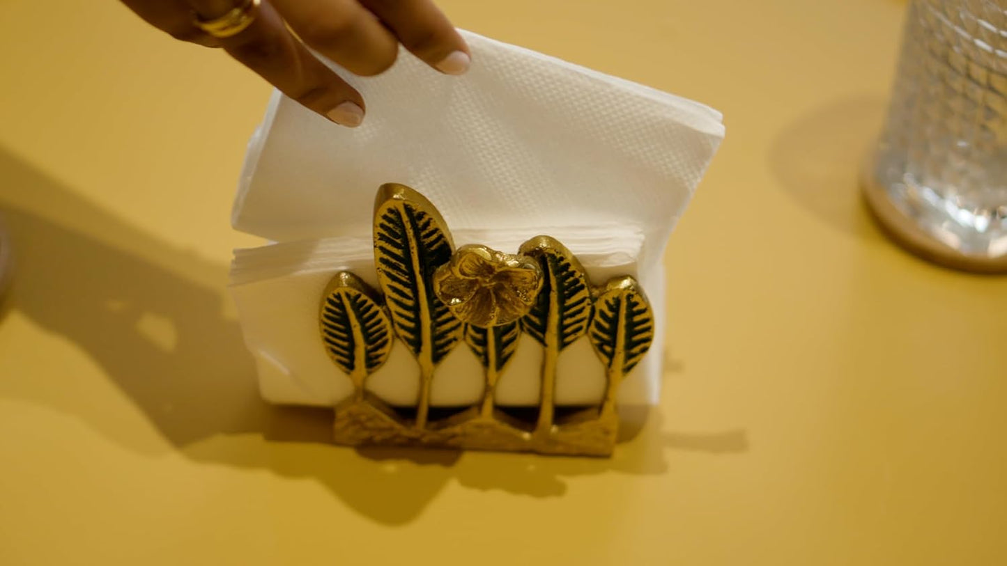 Metal Napkin Holder – Tabletop Tissue Dispenser – Gold Aluminium, Green Leaf Design